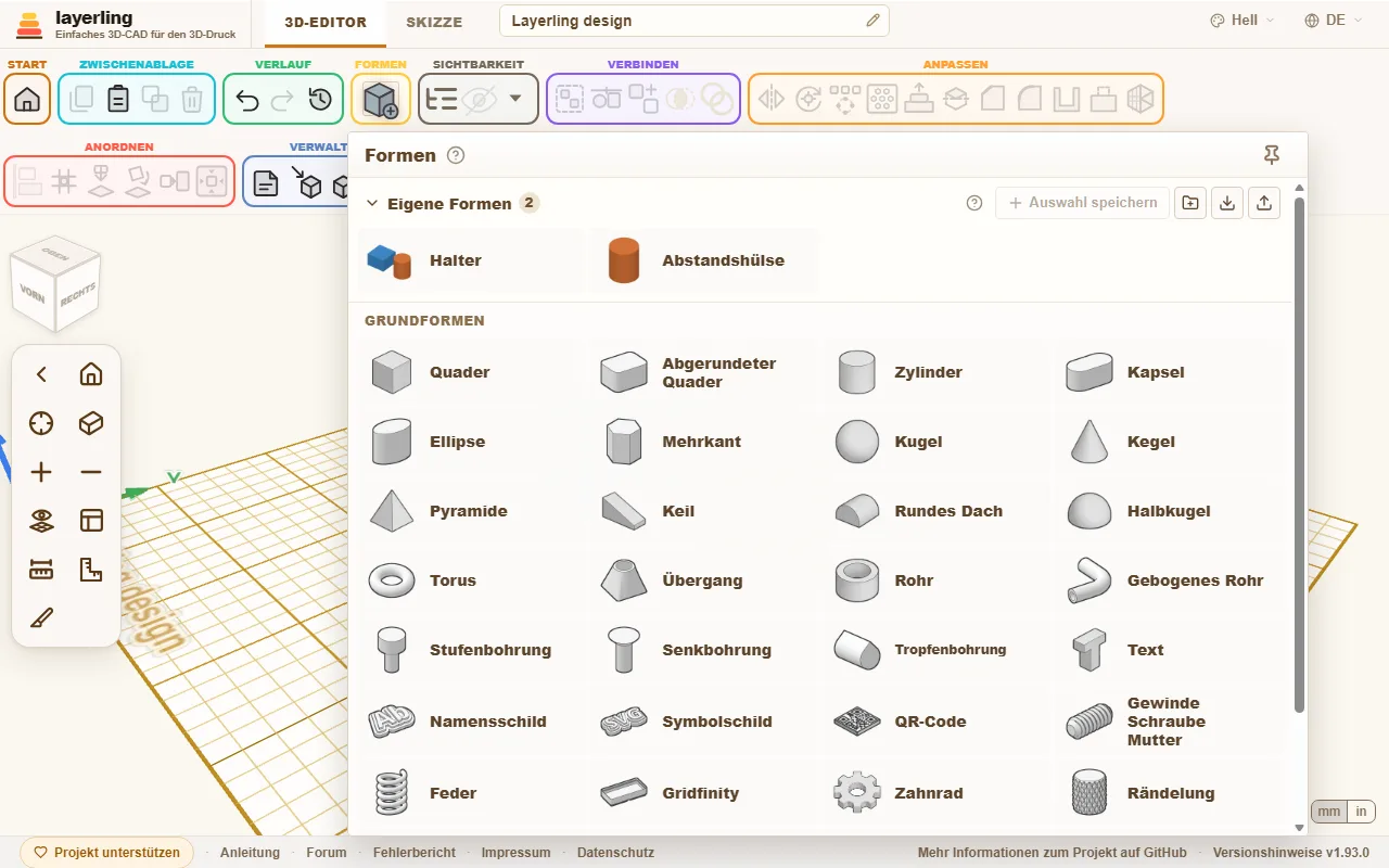 Die Formenbibliothek. Jedes Bildchen ist aus der echten Geometrie der Form gerendert.