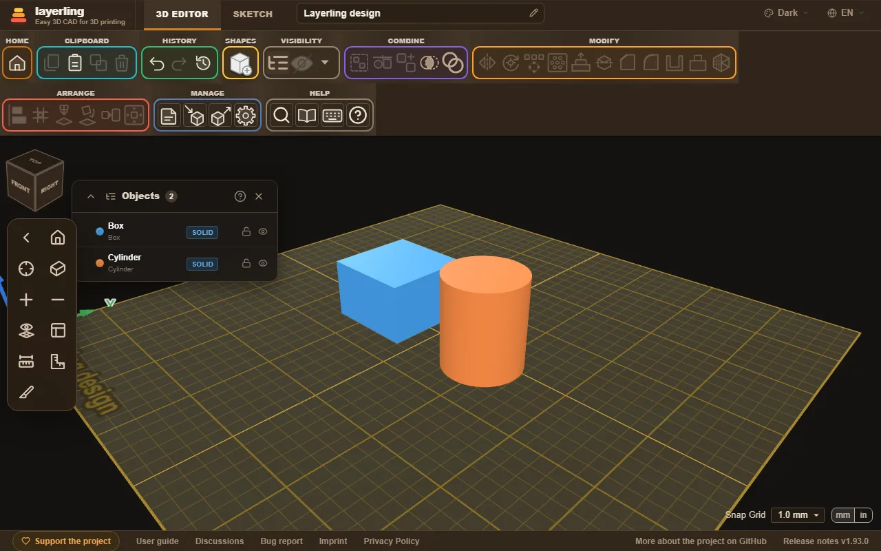The editor in the dark colour scheme. You set the colour scheme at the top right: System, Light, Dark or Graphite.
