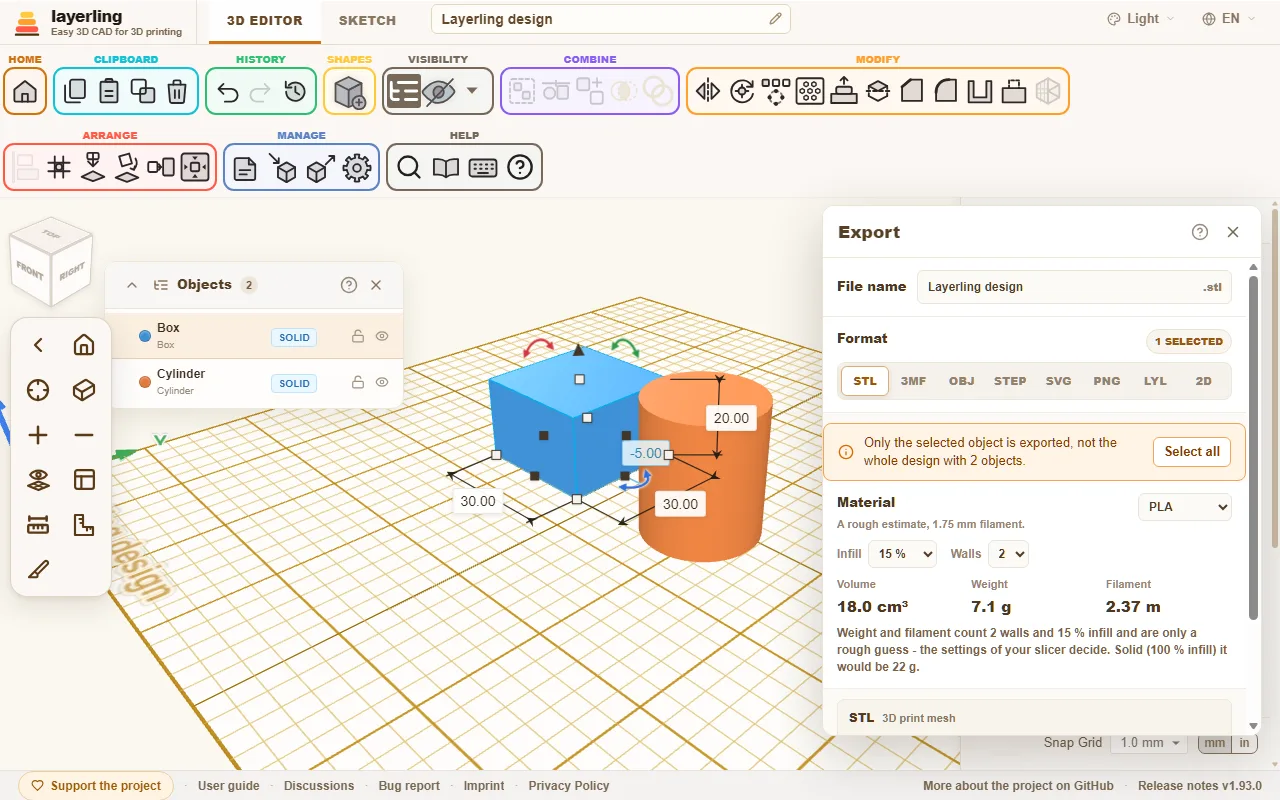 The export window with the formats STL, 3MF, OBJ, STEP, SVG, PNG, LYL and 2D.