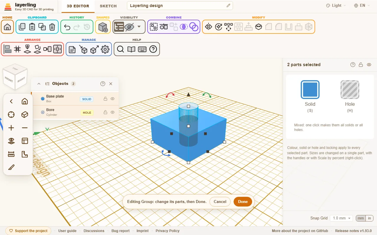 The group being edited: the bar at the bottom holds Cancel and Done, and the object list shows the parts.
