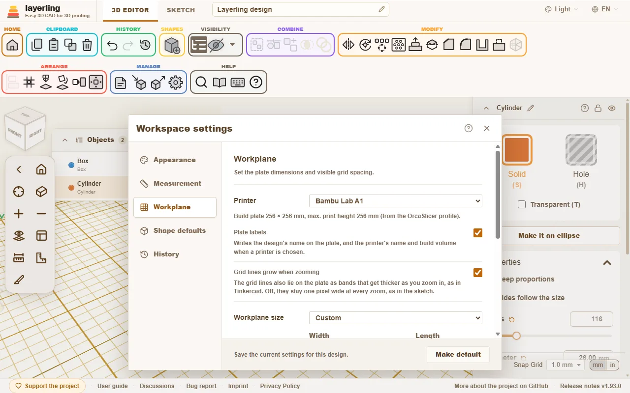 The workplane settings with a printer chosen. Print bed and maximum print height come from the slicer profile.